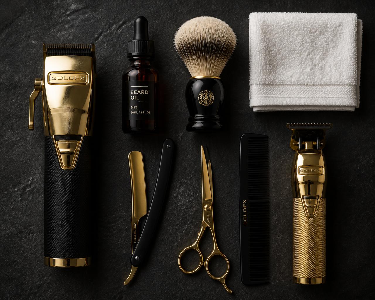 Premium barbering tools laid out on slate